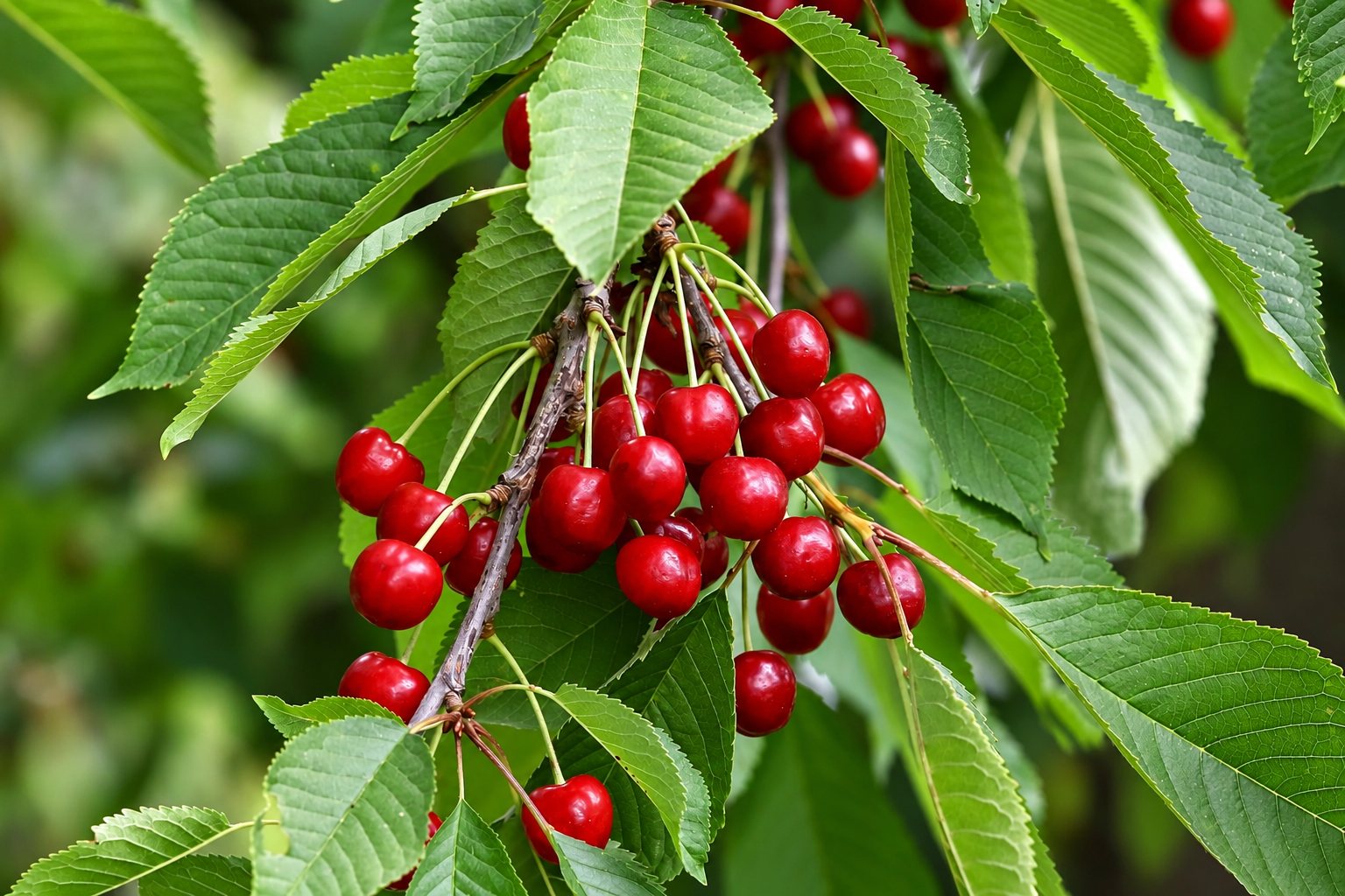 Cerises rouges mûres sur une branche feuillue