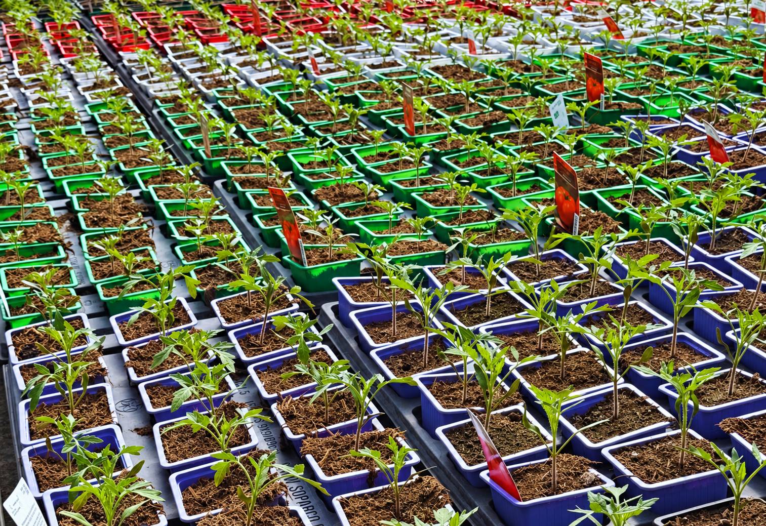 Rangées de jeunes plants de tomates en pots sous la serre