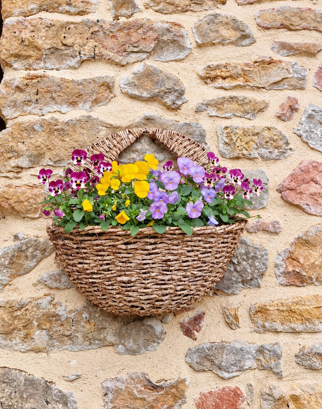 Panier en osier garni de pensées colorées, accroché à un mur de pierre