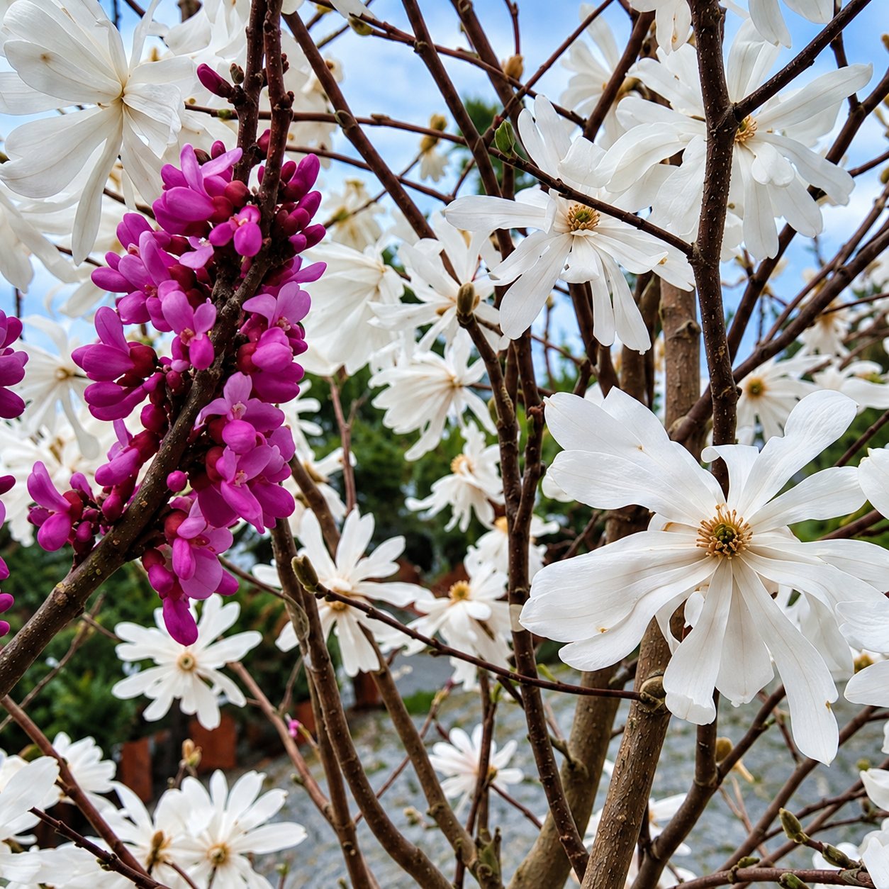 Branches fleuries de magnolia blanc et de gainier rose