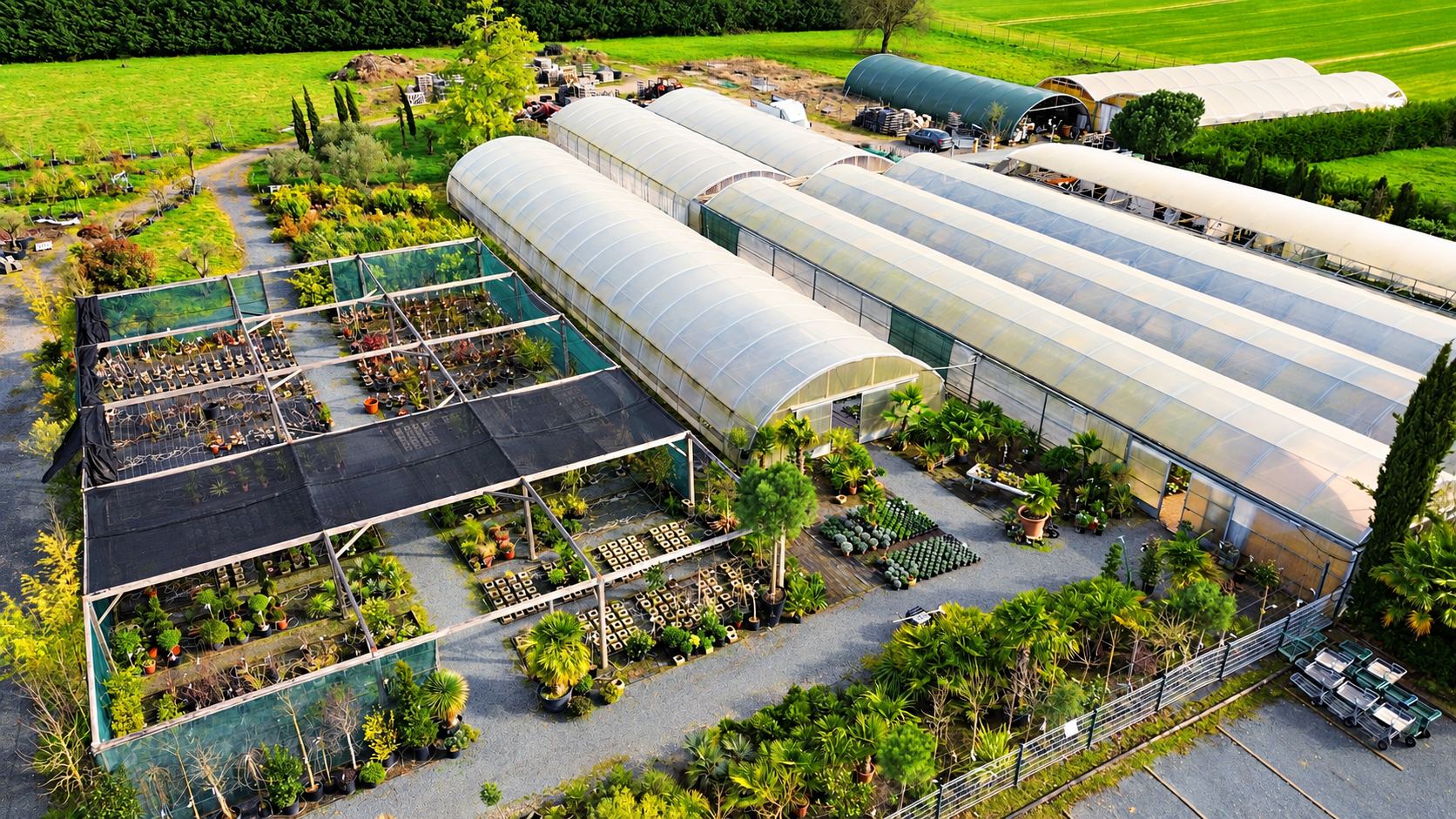 Vue aérienne des serres tunnels et des plantes en pot de la pépinière